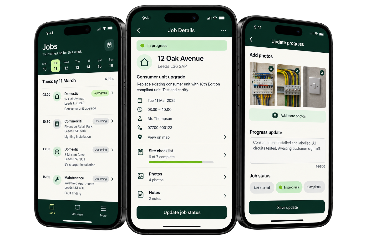 Illustrative electrician app shown on three phones