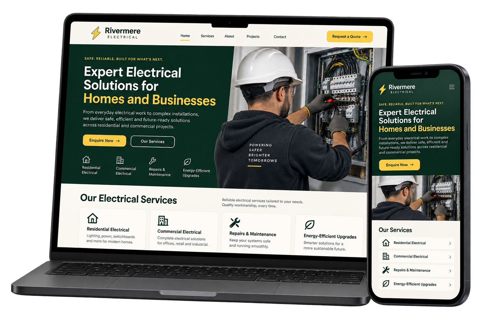 Illustrative electrician website shown on laptop and phone
