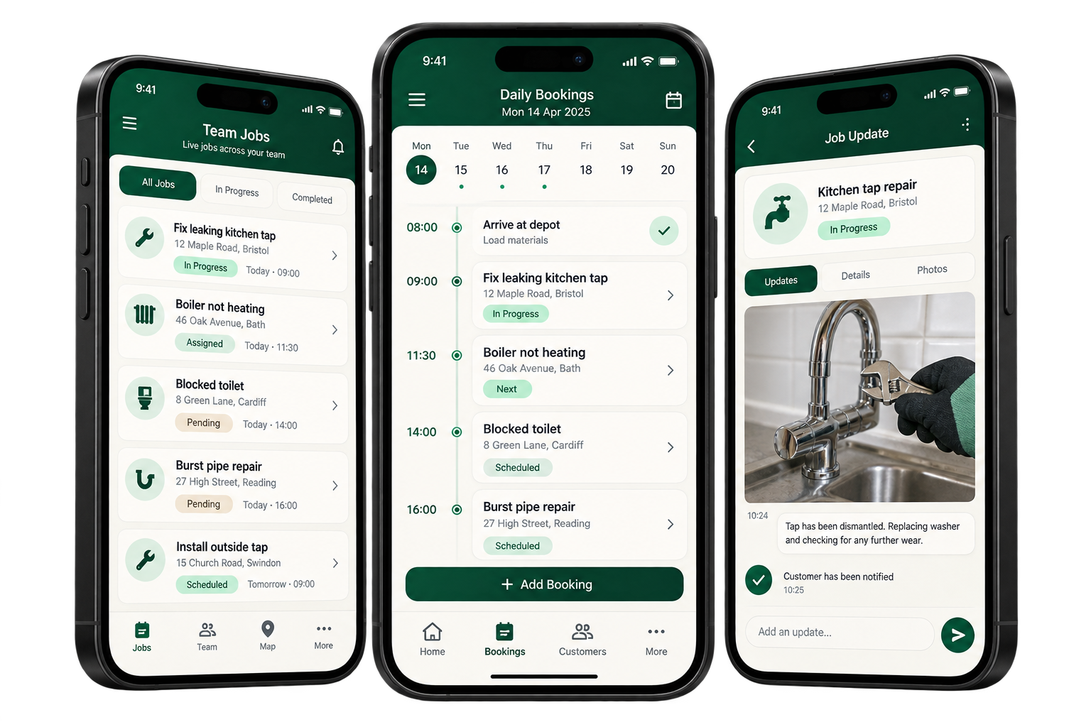 Illustrative plumbing app shown on three phones
