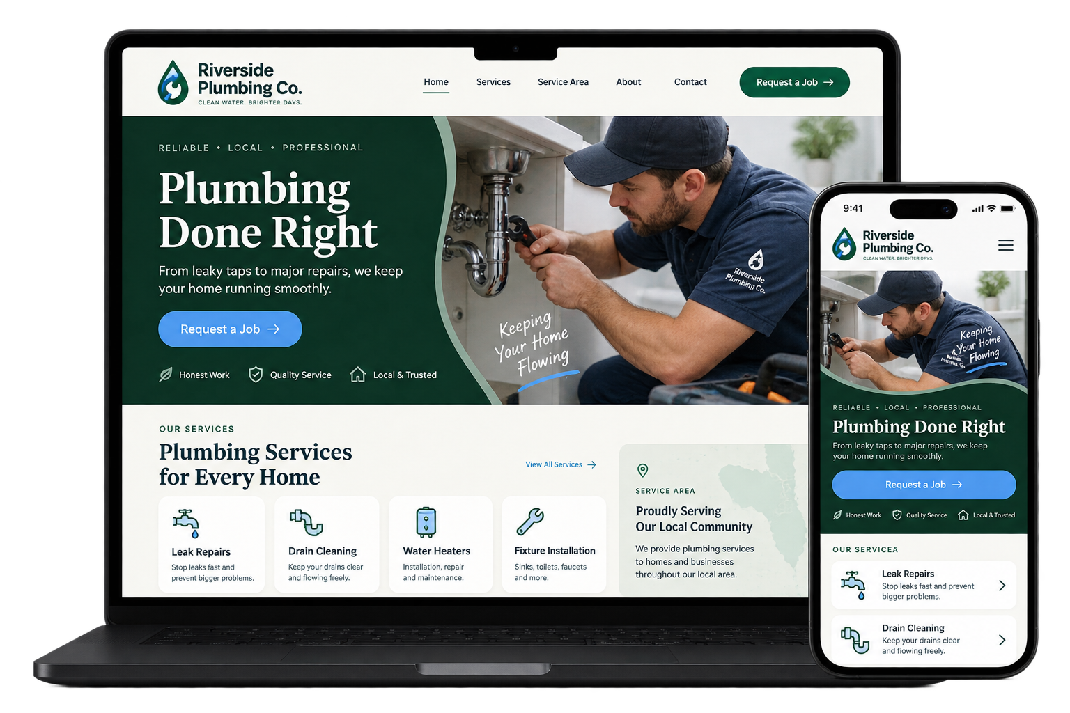 Illustrative plumbing website shown on laptop and phone
